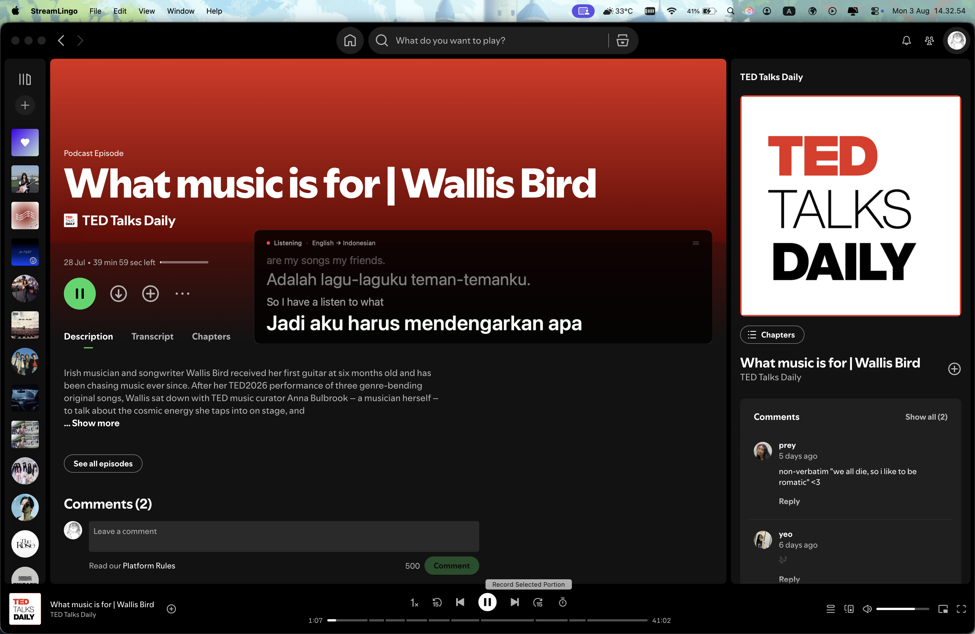 StreamLingo translating an English Spotify podcast into Indonesian subtitles.