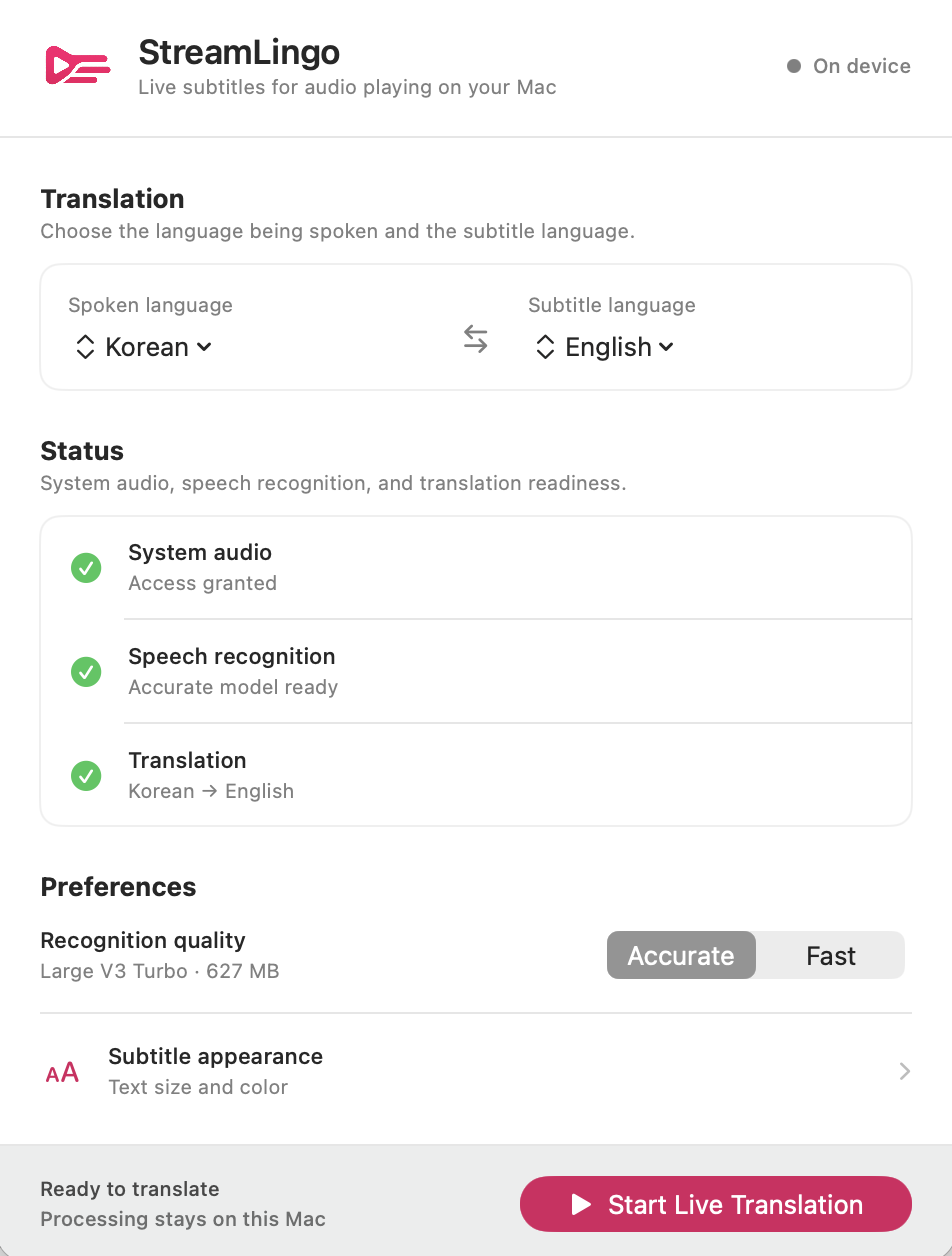 StreamLingo for macOS showing language selection, on-device readiness, recognition quality, and subtitle appearance controls.